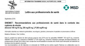 Ruptures de stock de Sinemet : la lettre aux professionnels du laboratoire MSD et de l’ANSM